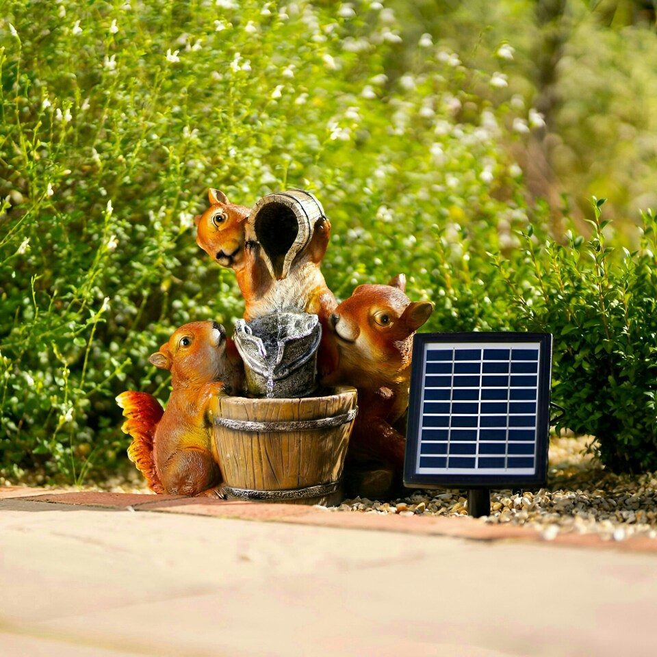 image 1 of Primrose Solar Squirrels Pouring Bowls Water Feature with Lights 39cm