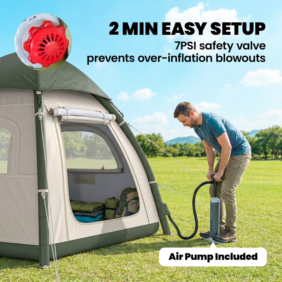 image 1 of Outsunny 3 Man Inflatable Camping Tent w/ 3000mm Waterproof Rainfly | Brown | Beige | 220 x 220 x 200 cm