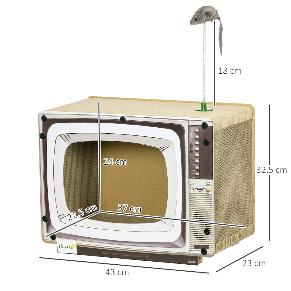image 1 of PawHut TV-Shaped Cat House, Cardboard with Scratcher Catnip Toy Mouse
