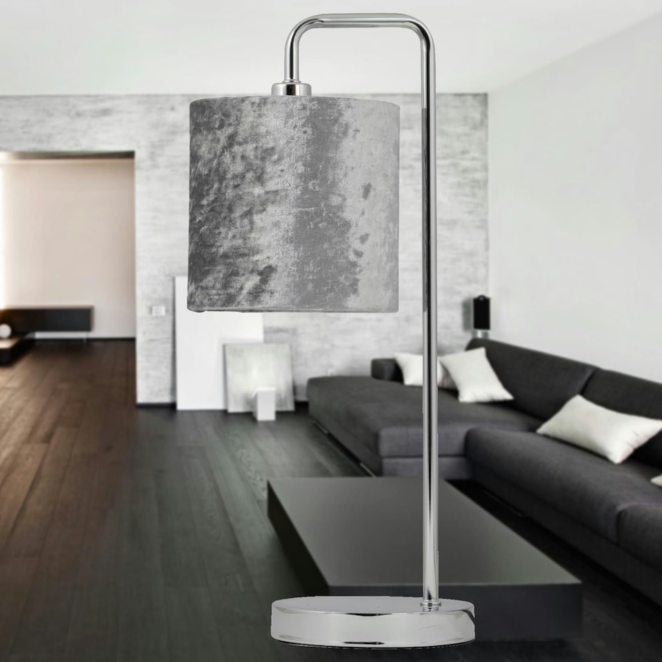 image 1 of First Choice Lighting Set of 2 Chrome Arched Table Lamps with Grey Crushed Velvet Shades Chrome | Grey