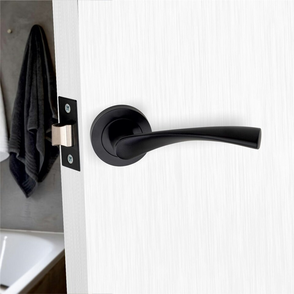 image 1 of Golden Grace Astrid Design Key Lock Door Handles Set on Round Rose in Matt Black Finish with 64mm 3 Lever Mortise Lock & Key Hole Black