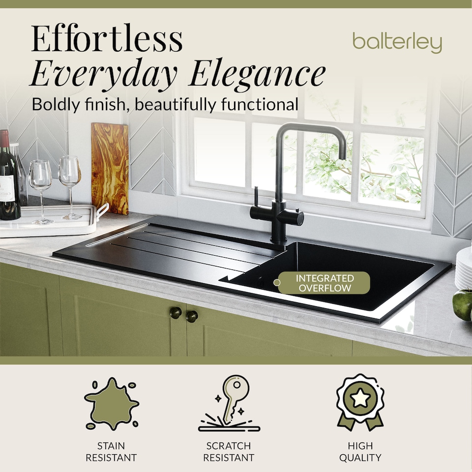 image 1 of Balterley 100cm Kitchen Single Bowl Composite Inset Sink with Overflow & Reversible Drainer