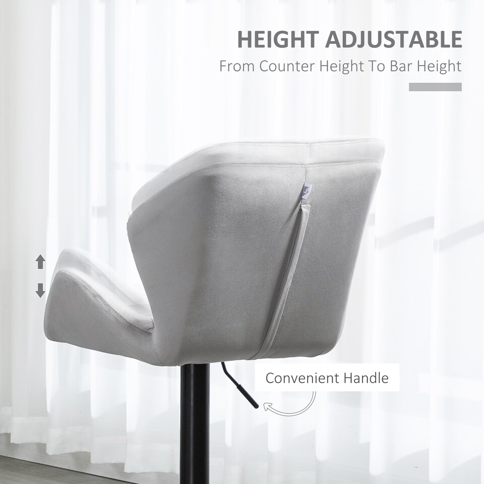 image 1 of HOMCOM Bar Stools Set Of 2, Luxurious Velvet-Touch Barstools with Metal Frame Footrest Round Base Triangle Indenting Moulded Seat Adjustable Height Swivel Grey