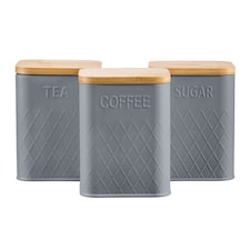 Cooks Professional 3-Piece Square Tea Coffee Sugar Kitchen Storage Bins with Bamboo Lids | Grey | Grey | 3