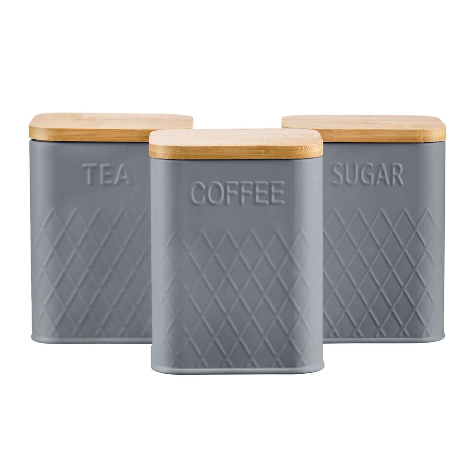 image 1 of Cooks Professional 3-Piece Square Tea Coffee Sugar Kitchen Storage Bins with Bamboo Lids | Grey | Grey | 3