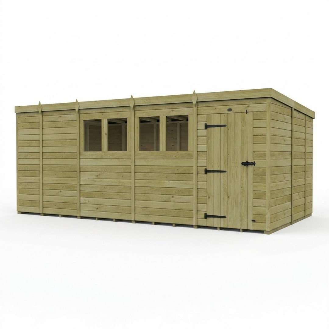 17ft x 9ft Pent Garden Shed Single Door With Windows - Pressure Treated Timber - L518 x W274 x H210 cm - Natural