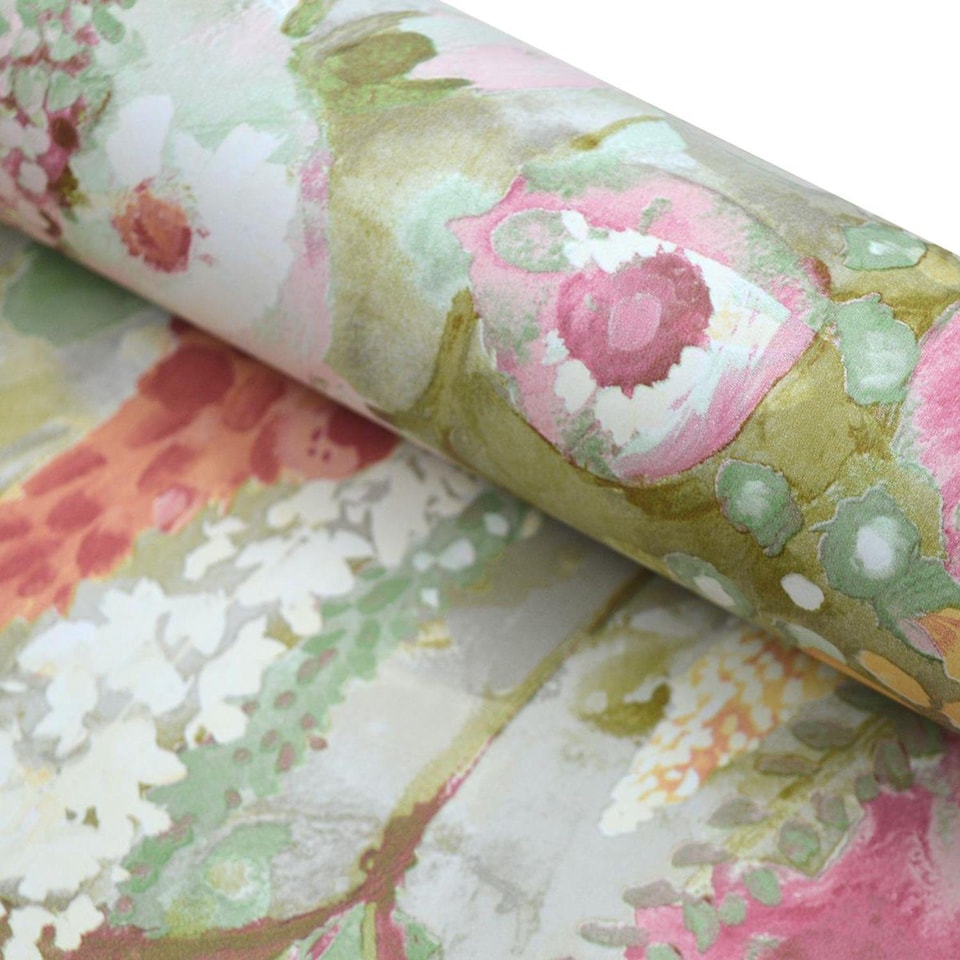 image 1 of Watercolour Floral Wallpaper Lupin Sage Green Pink Red Yellow Flower Home Decor