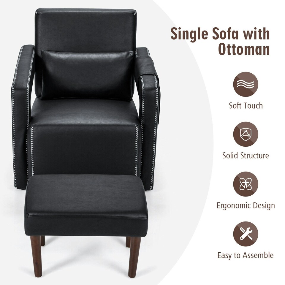 image 1 of COSTWAY Modern Accent Sofa Chair with Ottoman Upholstered Black Black