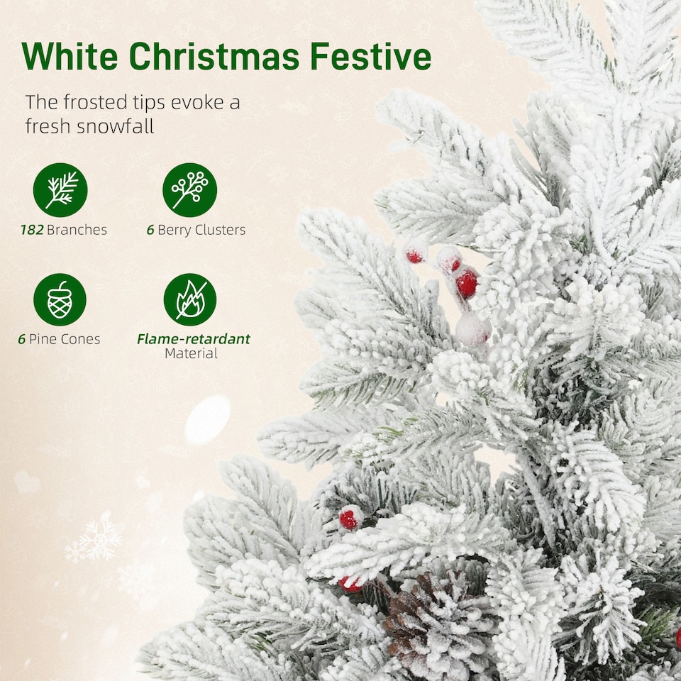 image 1 of HOMCOM 60 cm Prelit Small Christmas Tree with 35 LED Lights, Snow Flocked Tabletop Mini Xmas Tree with Pine Cones, Berry Clusters and Linen Cover Base, Battery Operated, Green