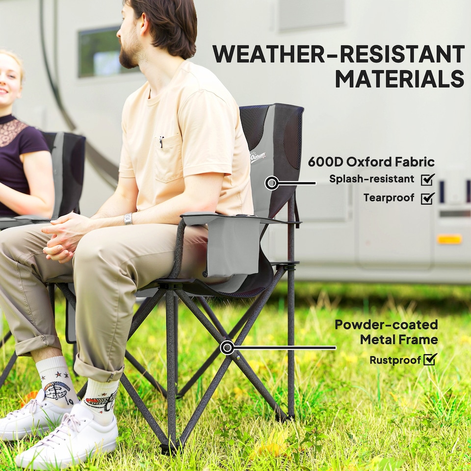 image 1 of Outsunny Set of 2 Folding Camping Chairs, Padded Camping Chairs with Adjustable Armrests, Portable & Lightweight Folding Camp Chair with Cooler Bag, Cup Holder and Side Pockets, Grey | Grey | Grey