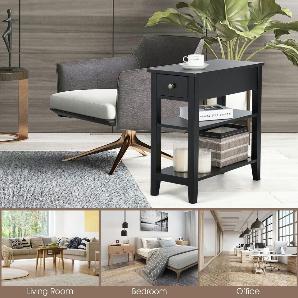 image 1 of COSTWAY 3-Tier End Table Sofa Bedside Table W/ Drawer Black