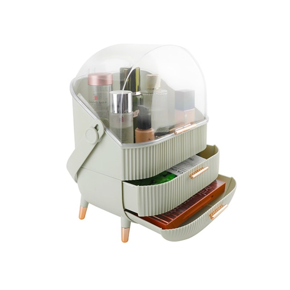 Portable Round Desktop Light Green Makeup Organizer with 2 Drawers