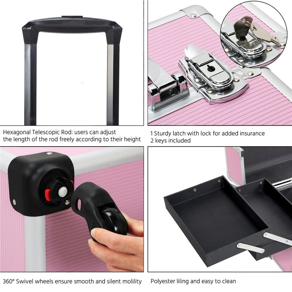 image 1 of Yaheetech 4-In-1 Rolling Makeup Trolley Case Aluminum Black | Pink