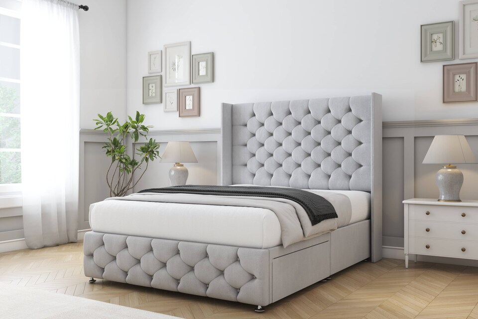 image 1 of Sloomy Luthor Silver Naples Divan Bed Base 2 Drawers Foot-End With 54 Inch Wingback Headboard & 12 Inch Matching Footboard | Silver | Silver | Double | 1