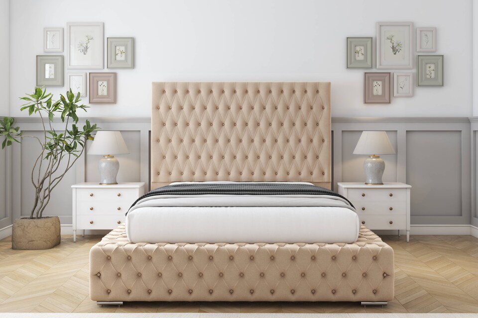 image 1 of Sloomy Ambassador Pebble Plush Bed Frame With Mattress With 50"  Upholstered Headboard 6' Super King