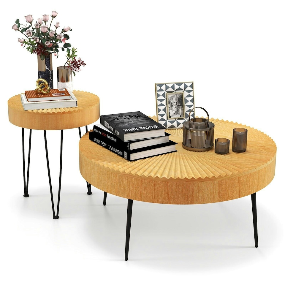 image 1 of COSTWAY 2PCS Round Nesting Tables Accent Coffee Tables Brown