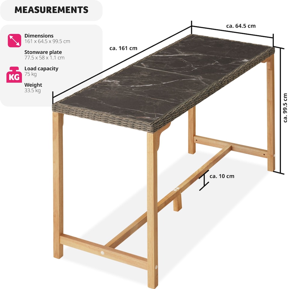 image 1 of Polyrattan Garden Table Terrace Porcelain Stoneware Tabletop Dining Table UV-resistant161 x 64.5 x 99.5 cm | Cream | nature | 161 x 64,50 x 99,50 cm | 1