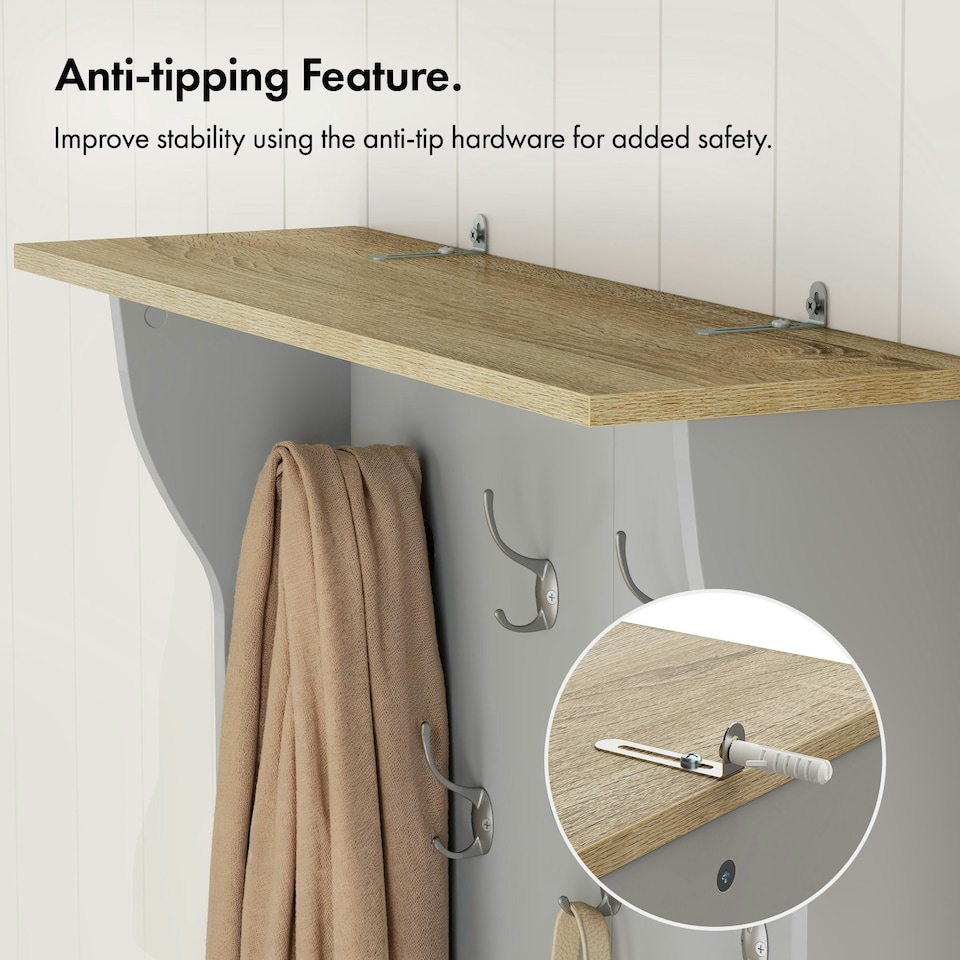 image 1 of VonHaus Grey Coat Rack Stand and Shoe Storage Bench for Hallway