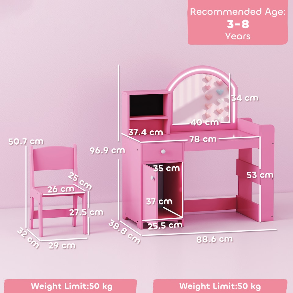 image 1 of AIYAPLAY Kids Vanity Table and Chair Set, Girls Dressing Table with 2-Colour LED Mirror, Stool, Cabinet, Drawer, Bookshelf and Shelves for Ages 3-8 Years | Pink