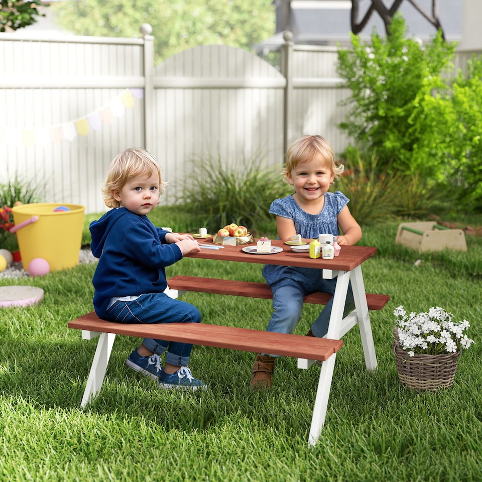 image 1 of Outsunny Kids Picnic Table, Wooden Table and Bench Set for 3-8 Years, Brown
