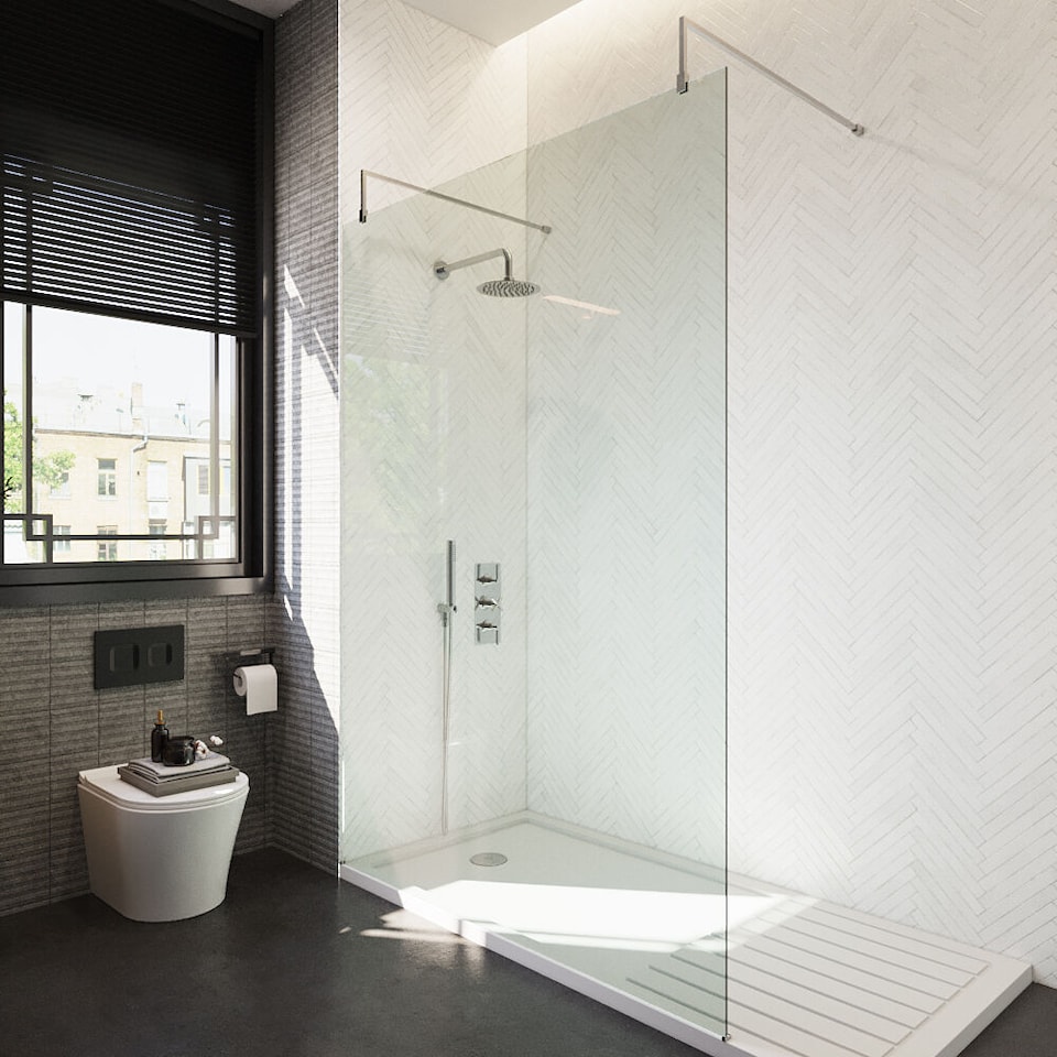 image 1 of Balterley Hollinsclough Contemporary Bathroom 8mm Glass Wetroom Screen with Arms & Feet, Chrome Finish, 1950 x 1398 x 14mm
