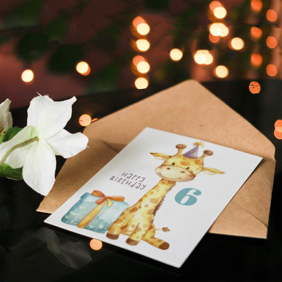 image 1 of 6th Cute Baby Giraffe Party Hat Cartoon Kids Age 6 Year Old Child Birthday Card