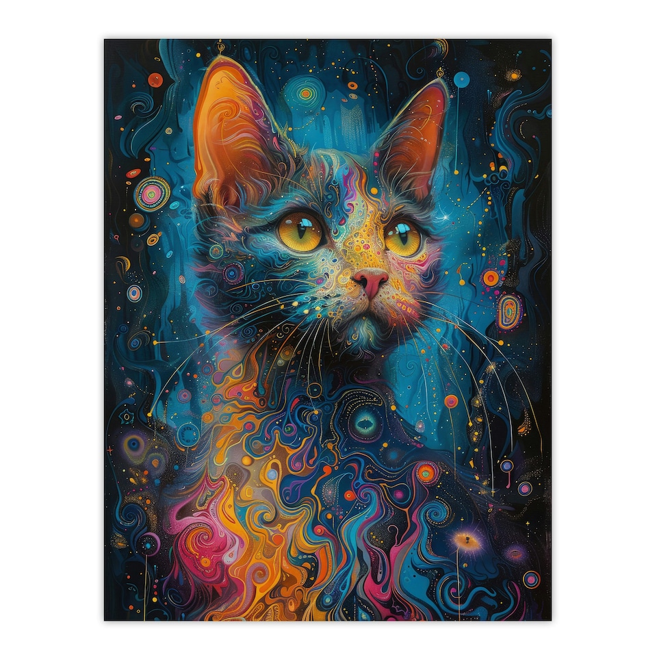 image 1 of Cat Lover Colourful Abstract Psychedelic Black Framed Wall Art Print A4