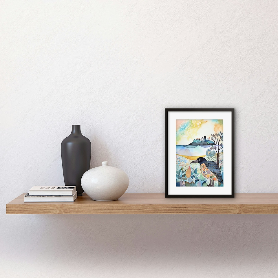 image 1 of Coastal Island Wildlife Folk Art Watercolour Painting 9x7" Black Framed Wall Art Print