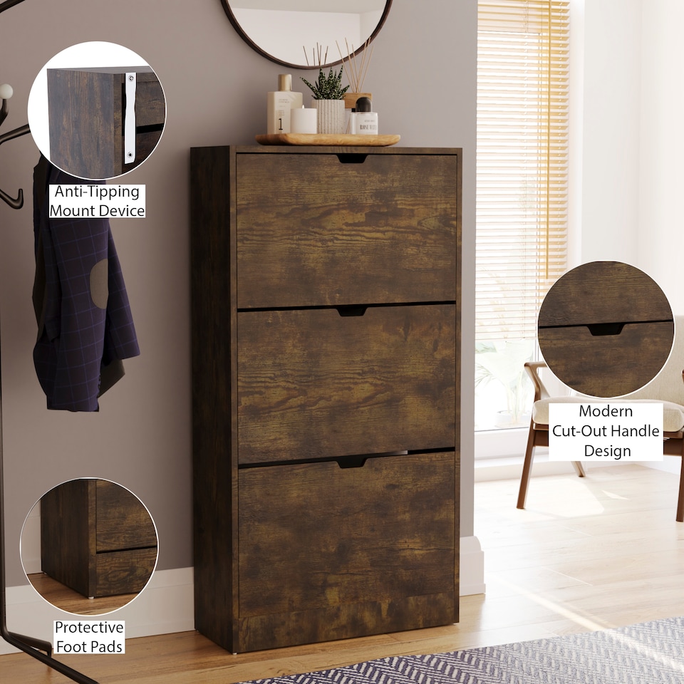 image 1 of Vida Designs 3 Drawer Shoe Cabinet Shoe Rack Storage Cupboard, Dark Wood