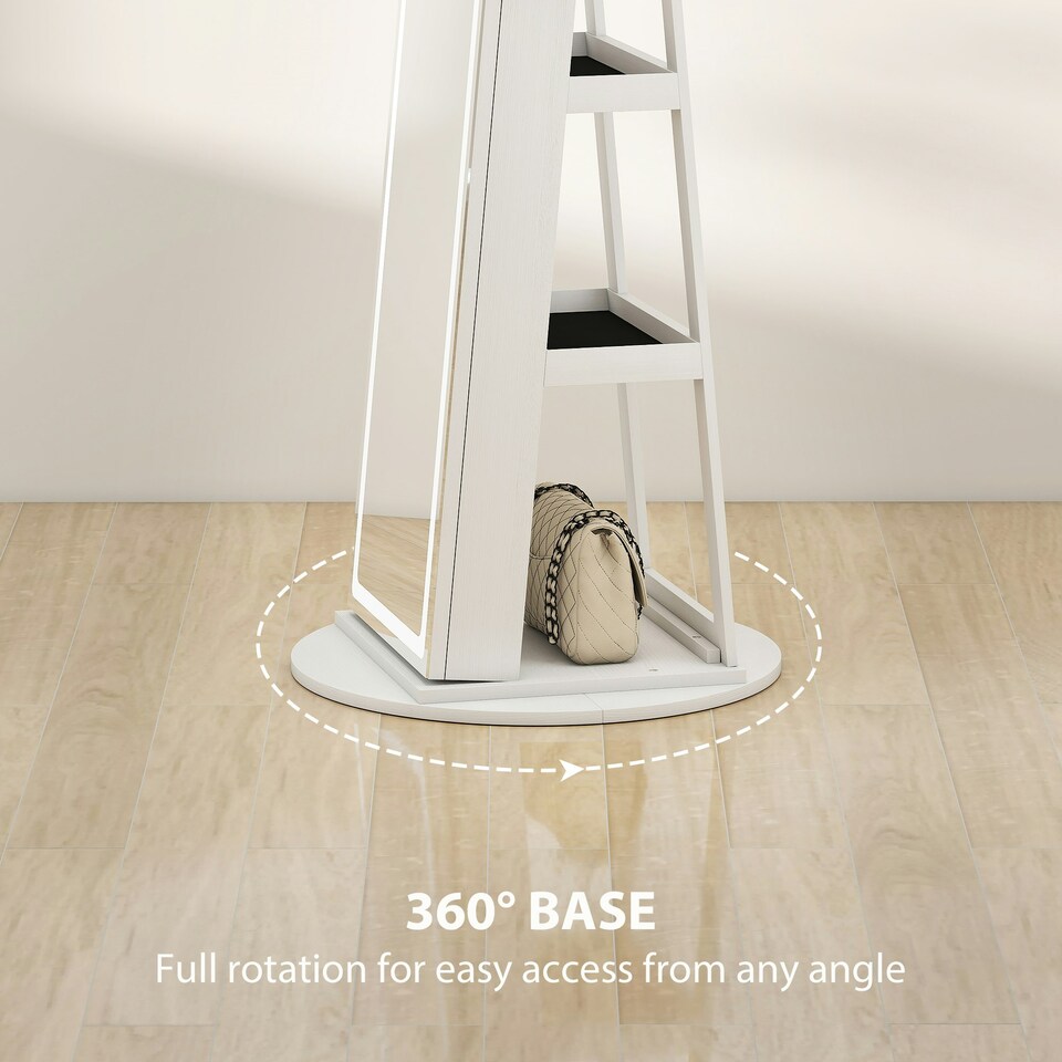 image 1 of HOMCOM 360° Swivel Jewellery Cabinet, Full Length Mirror with Storage, White White | Black interior lining