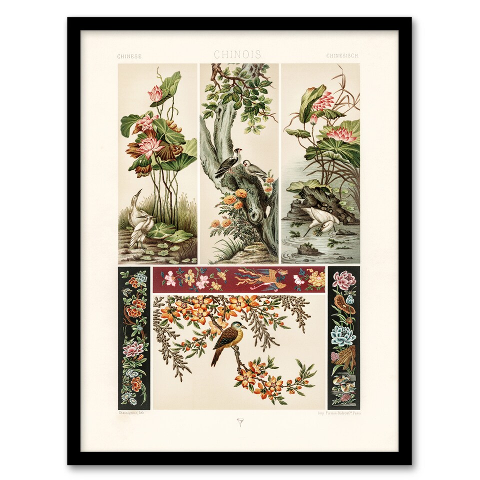 image 1 of Chinese Patterns of Birds and Flowers Racinet Framed Wall Art Print 12X16"