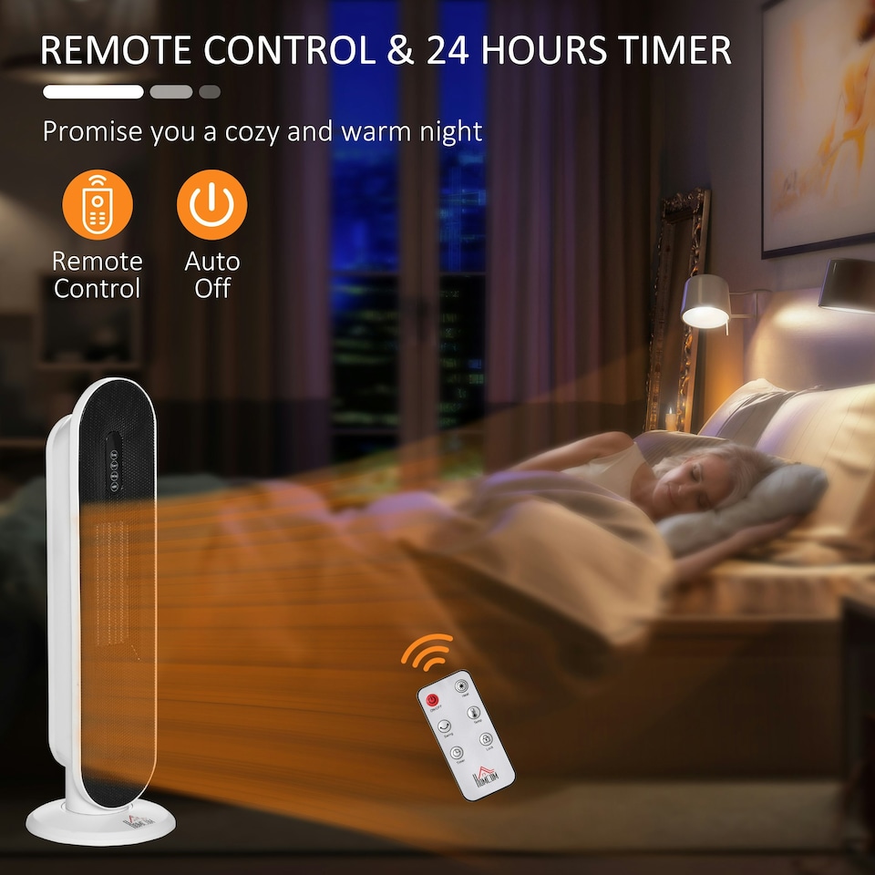 image 1 of HOMCOM Ceramic Space Heater Tower Heater W/ 45° Oscillation, White