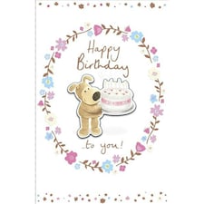 Die Cut Happy Birthday Card Boofle Holding Cake