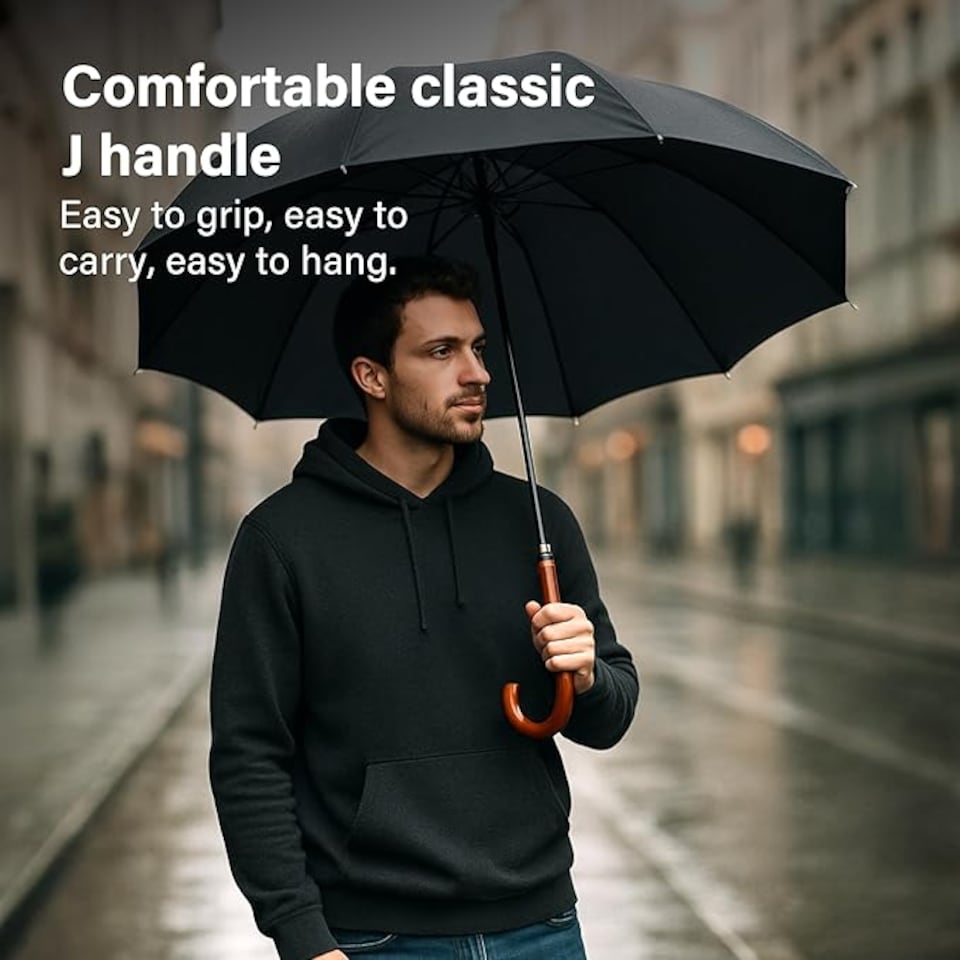 image 1 of Umbrella Reinforced Windproof J-Handle Water-Resistant Cover Travel - U Shaped 91cm Canopy