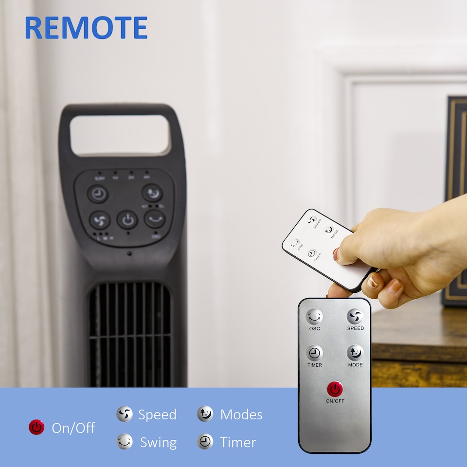 image 1 of HOMCOM Tower Fan, Electric Cooling Fan with Remote, 75 Oscillating, 3 Speed 3 Modes, 7.5H Timer, Quiet Standing Bladeless for Bedroom Office, Black