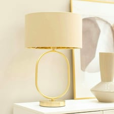 ValueLights Antonia Beige with Gold Inner Drum Shade Brushed Gold Oval Table Lamp with Bulb Gold