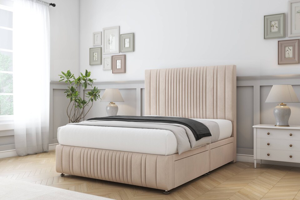 image 1 of Sloomy Kingsley Sand Naples Divan Bed Base 2 Drawers Right Side With 26 Inch Strutted Headboard & 12 Inch Matching Footboard | Cream | Sand | King | 1