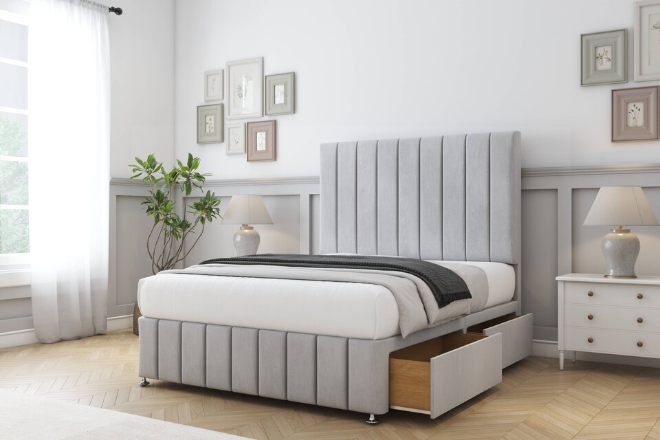image 1 of Sloomy California Silver Naples Divan Bed With Mattress 2 Drawers Footend With 54" Floor Standing Headboard & 12" Matching Footboard 4' Small Double | Silver | Silver | Small Double | 1