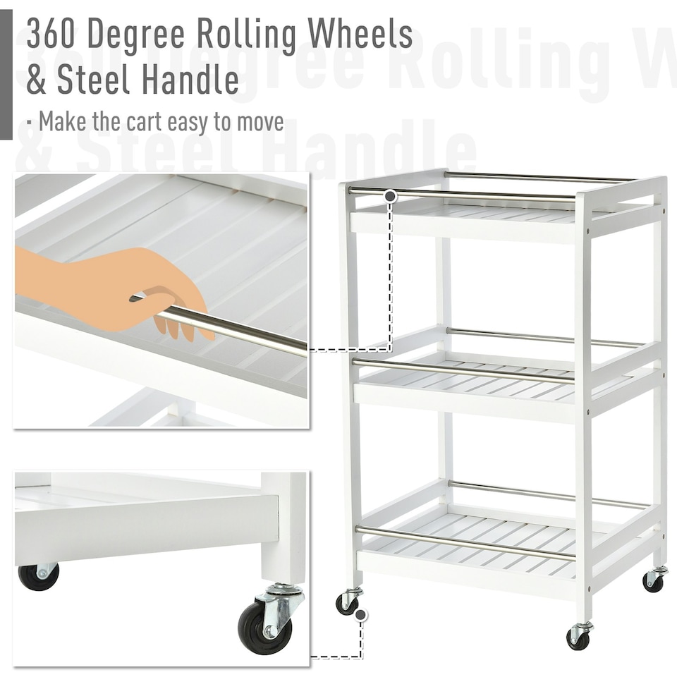 image 1 of HOMCOM 3-Tier Home Trolley Kitchen Storage w/ Steel Bars 4 Wheels Rolling White