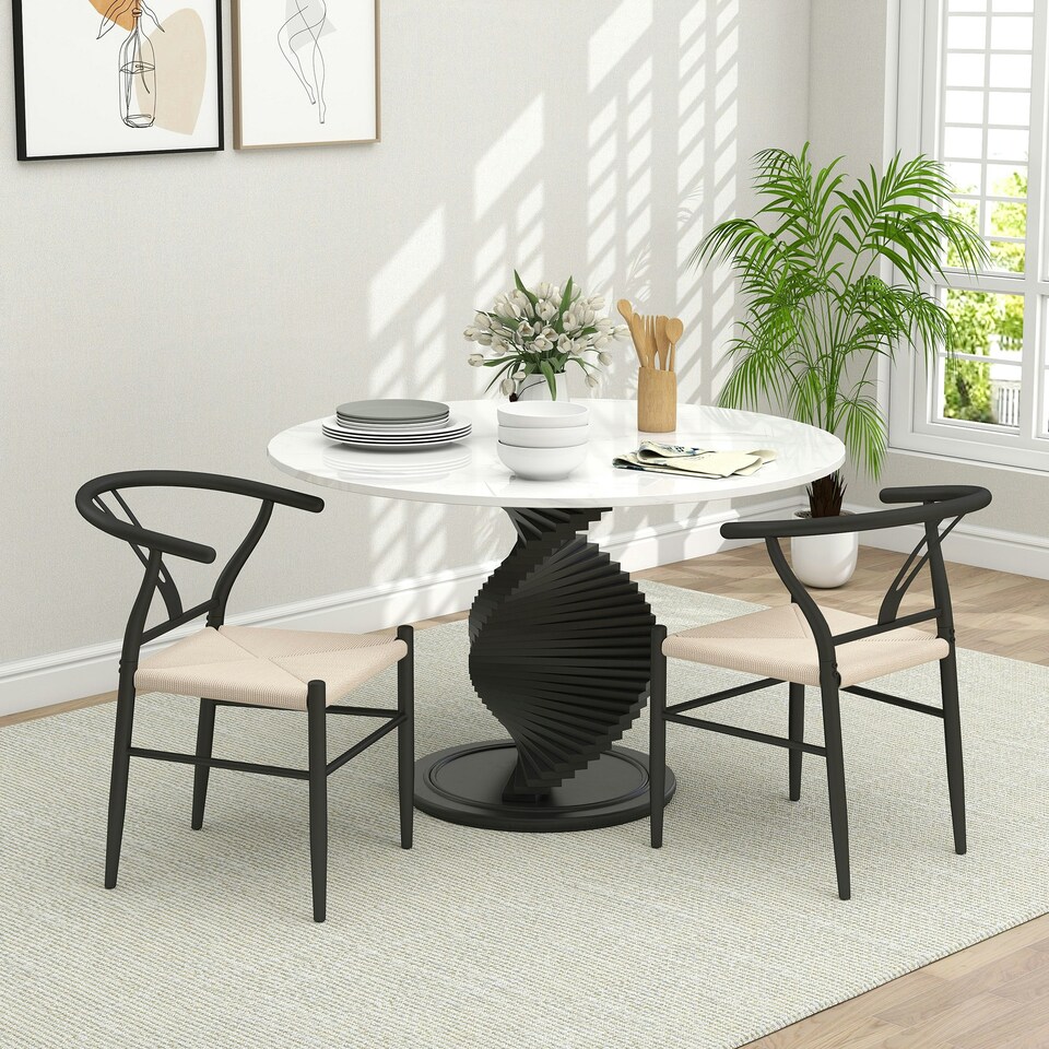 image 1 of HOMCOM Weave Dining Chairs Set of 2 with Y-Shaped Backrest Hemp Seat Black Black