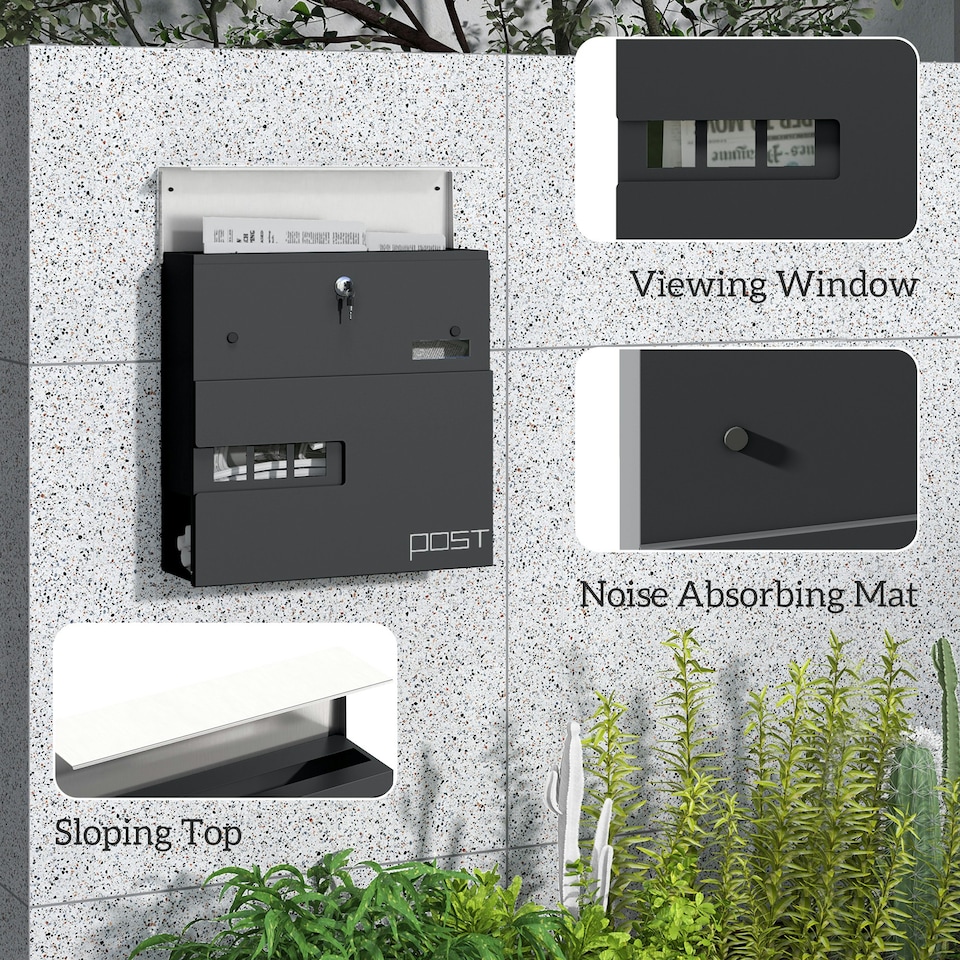 image 1 of HOMCOM Wall Mounted Post Box, Weatherproof Letterbox with Lock, Grey Black