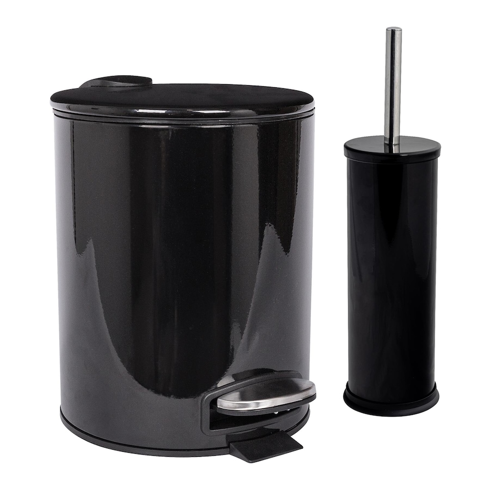 image 1 of Harbour Housewares Bathroom Bin & Toilet Brush Set - 5L - Black - Round Stainless Steel Slim Trashcan Rubbish Bin & Brush