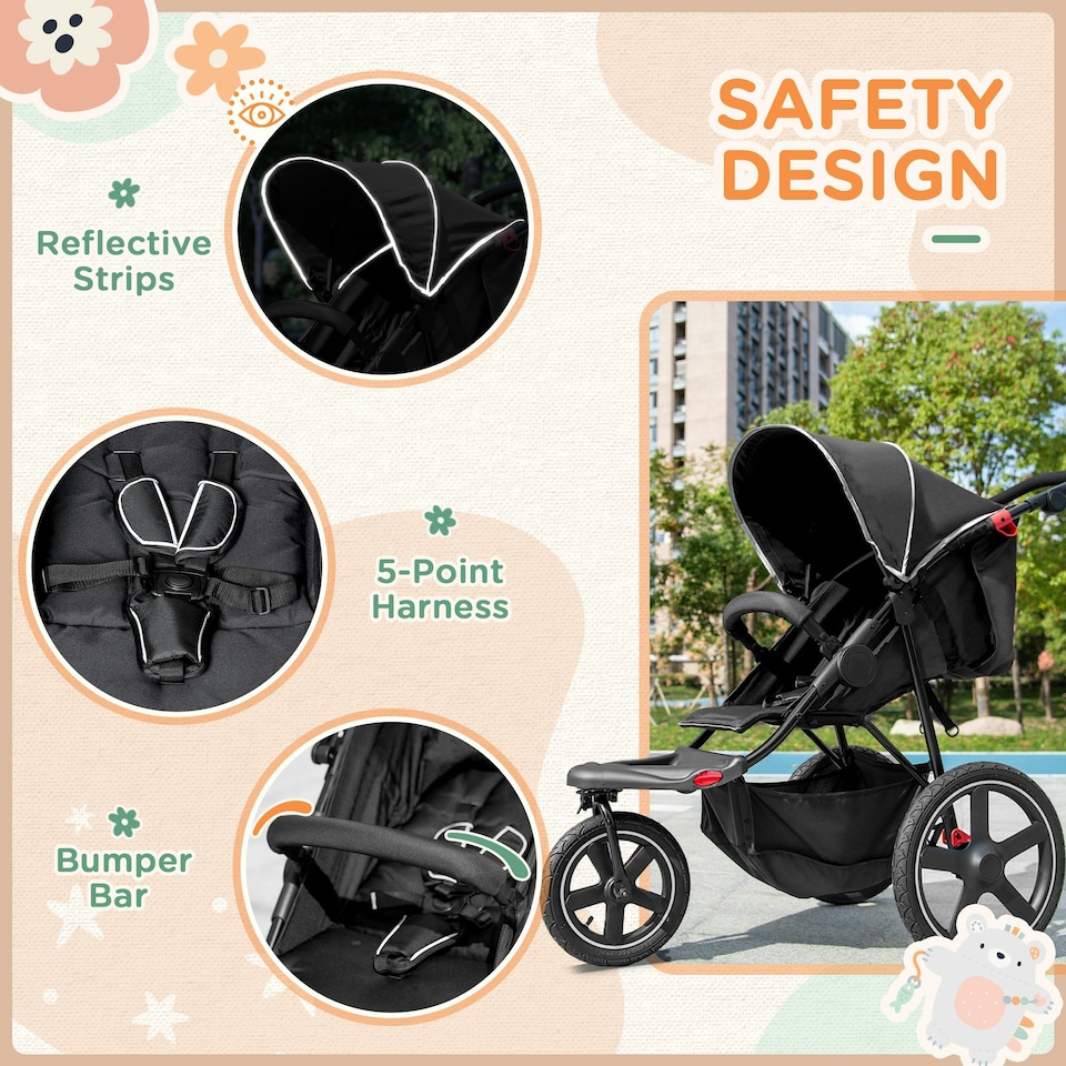 image 1 of HOMCOM Foldable Three-Wheeler Baby Stroller w/ Sun Canopy, Storage