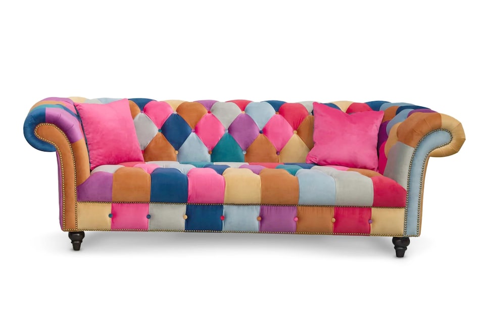 image 1 of Multicoloured Velvet Patchwork 3 Seater Scroll Arm Chesterfield Sofa PORTOFINO