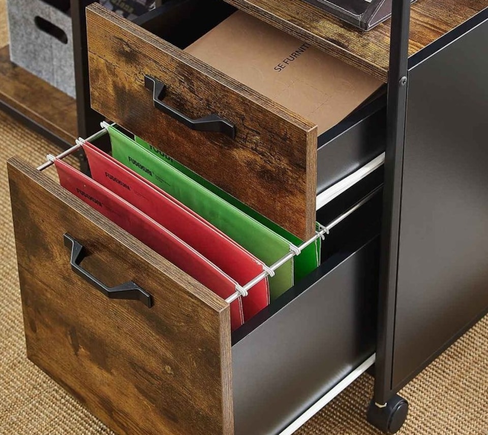 image 1 of Industrial Mobile Filing Cabinet with Drawer & Wheels – Rustic Brown & Black Office Storage