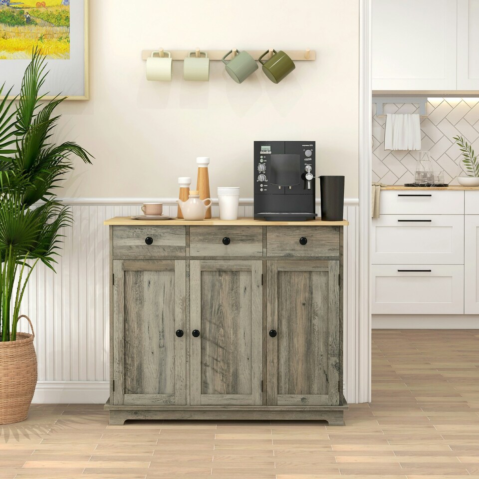 image 1 of HOMCOM Sideboard Buffet Cabinet with Rubber Wood Top and Drawers, Grey 