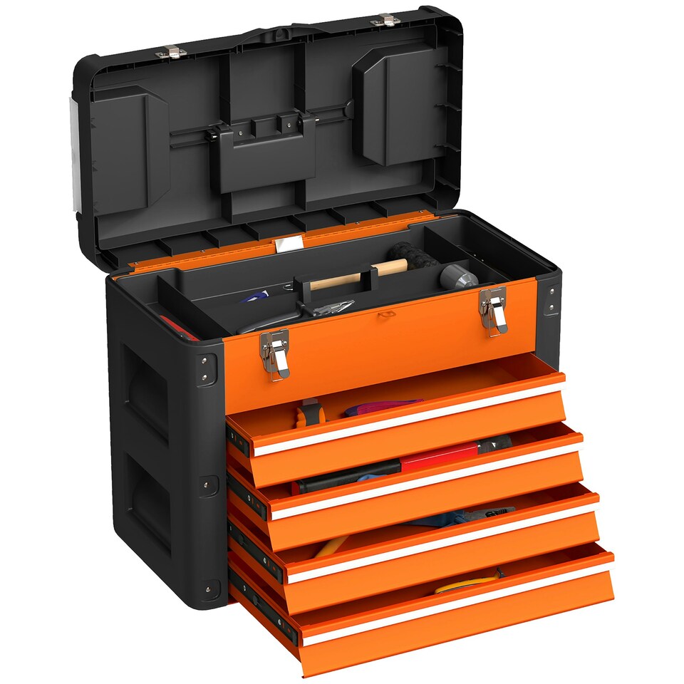 image 1 of HOMCOM 4 Drawers Large Tool Box, Steel Toolbox with Handle, Orange | Orange | Black | 49.7L x 25.3W x 40.7H cm | 1