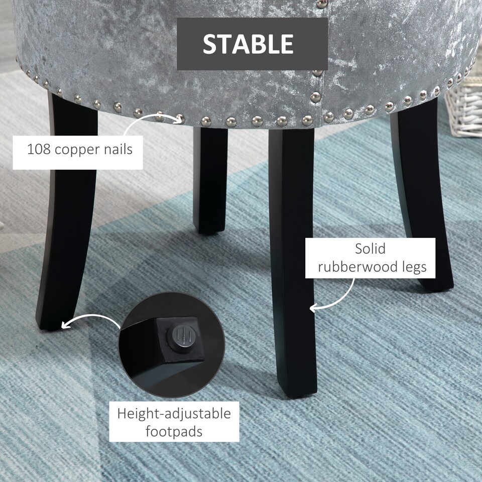 image 1 of HOMCOM Dressing Table Stool with Rubber Wood Legs, Ice Velvet Vanity Stool for Living Room Bedroom, Grey