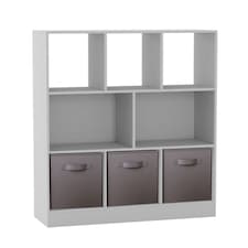 Asymmetrical 8 White Cube Bookcase Shelf Storage Unit with 3 Fabric Drawer Inserts | Multi | White & Grey Drawer | 1