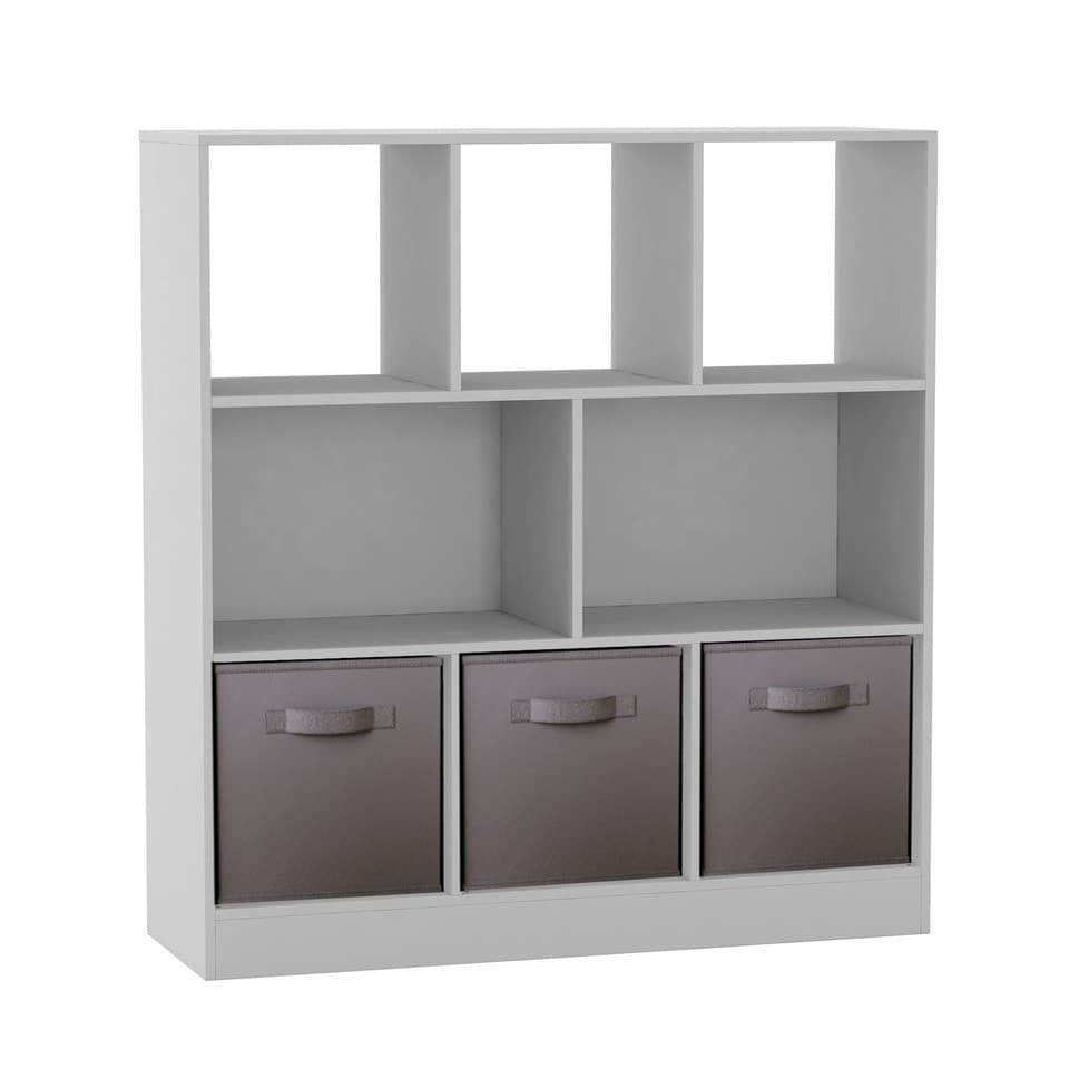 image 1 of Asymmetrical 8 White Cube Bookcase Shelf Storage Unit with 3 Fabric Drawer Inserts | Multi | White & Grey Drawer | 1